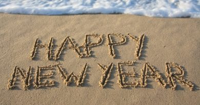 happy new year written in sand on th beach with waves