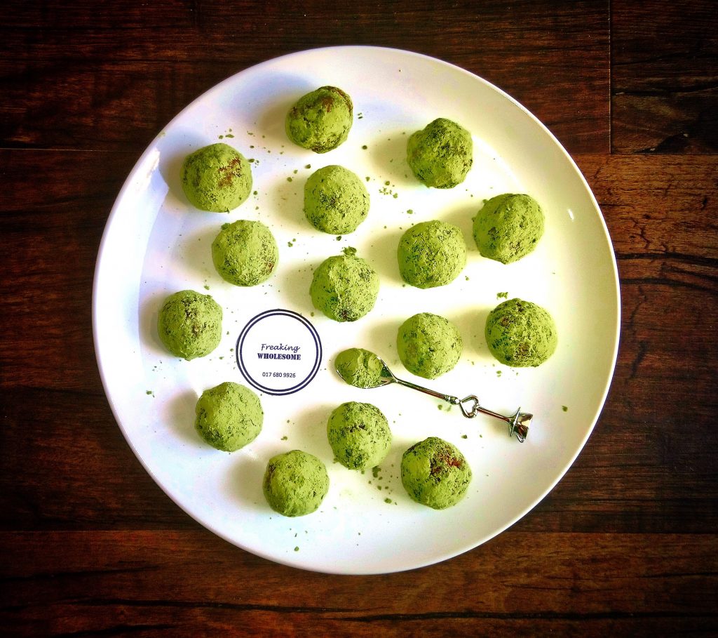 energy boost bliss balls moringa, hemp seed, cashews, dates, cacao protein packed bites