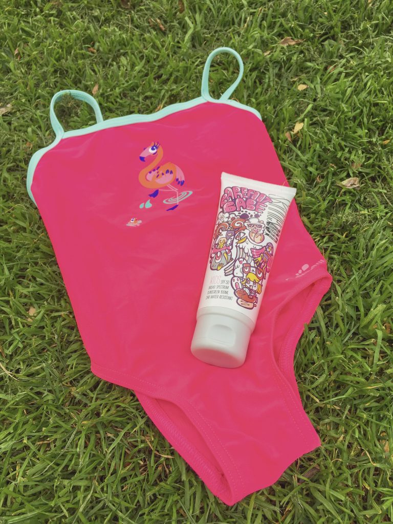 sunscreen for babies and kids - skinnies kids - pink flamingo girl's swimsuit with sunscreen 