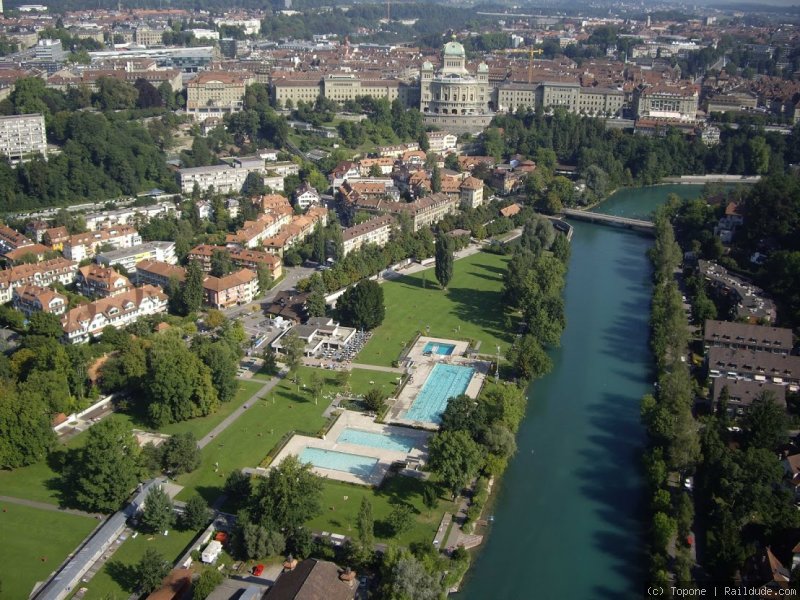 Aerial view of Marzili Pool next to Aare River Bern