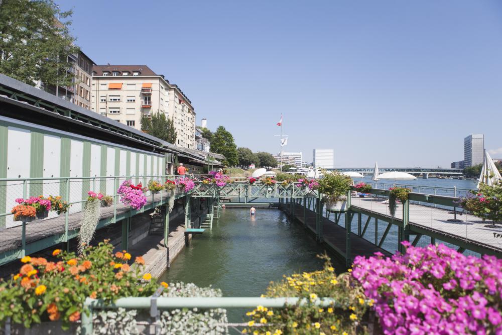 Rheinbad St Johann outdoor river pool next to Rhine River