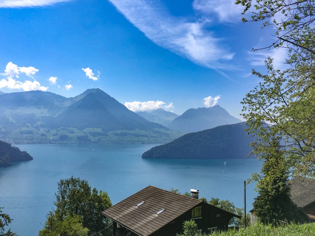 Scenic views of Lake Lucerne and the swiss alps from the cogwheel railway ride up to Mount Rigi