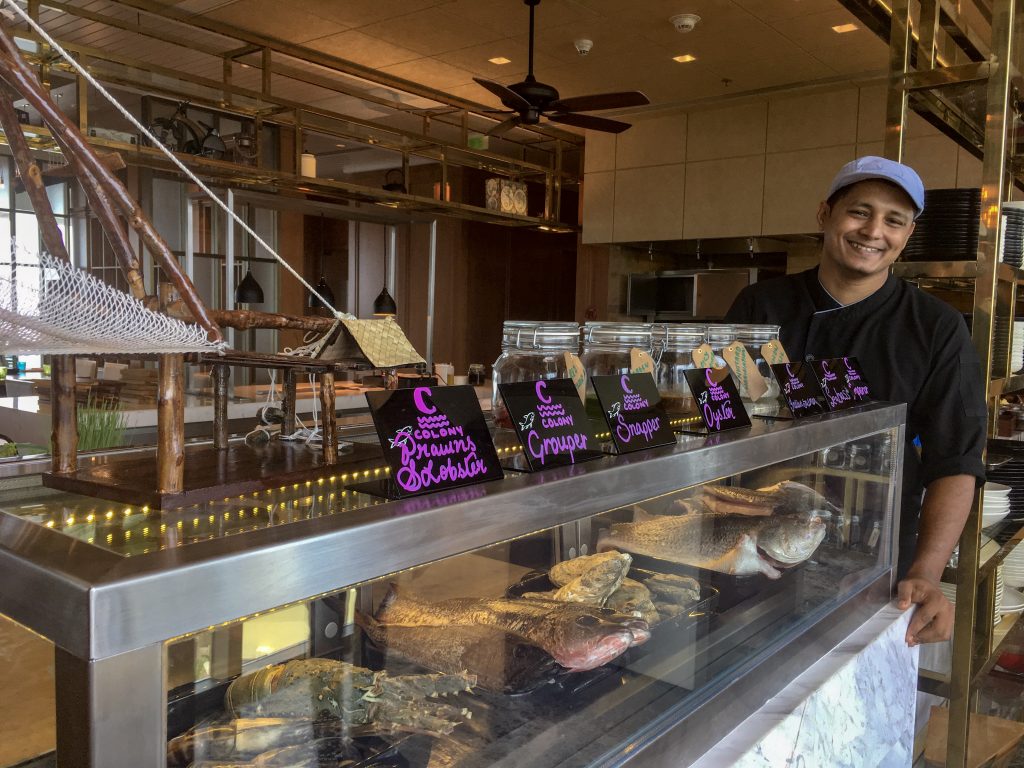 Fresh seafood in a glass cabinet on display at Colony Grill 
