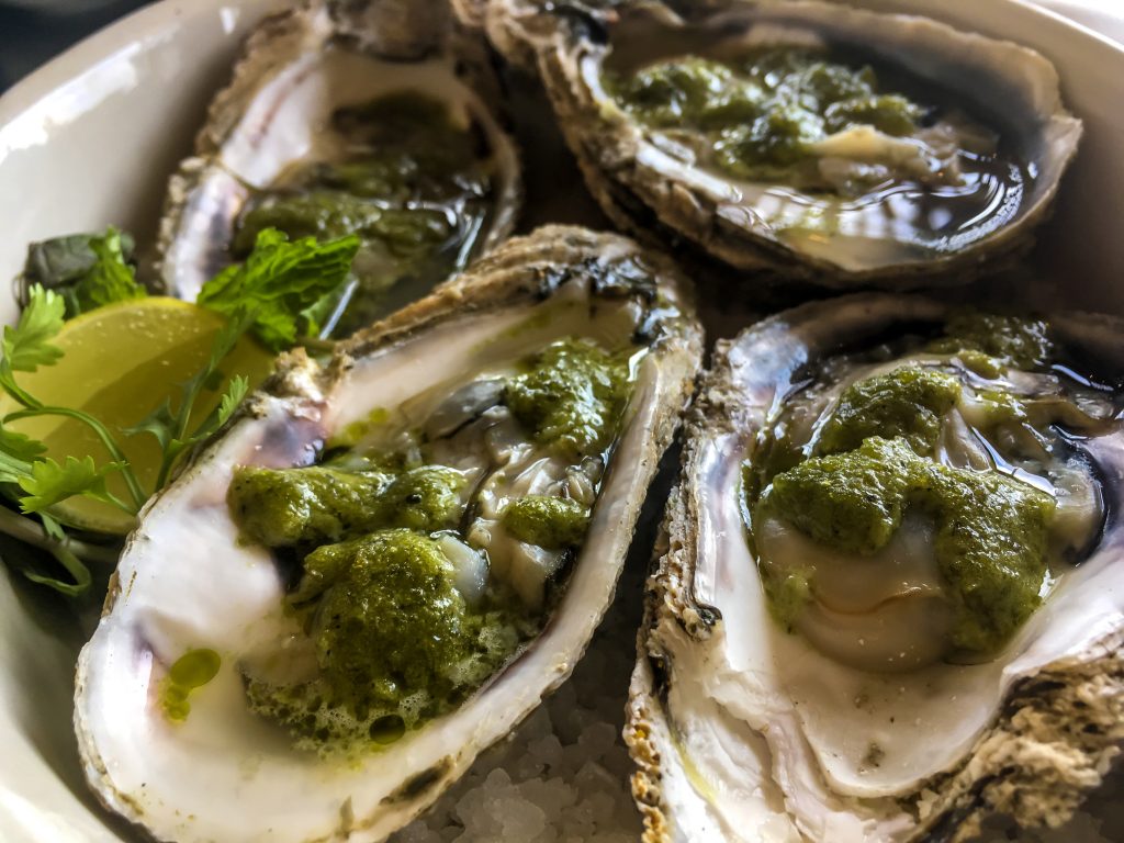 plate of local kerala oysters covered with green herb sauce