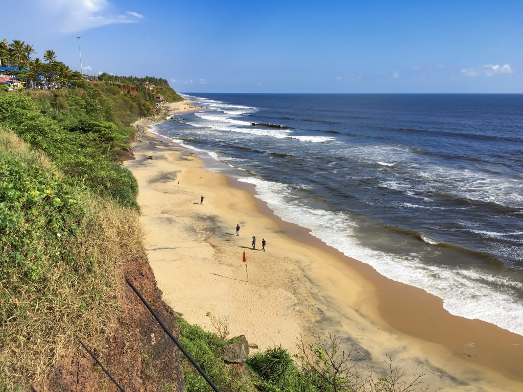 view from the top of the cliff looking down at Varkala Beach 