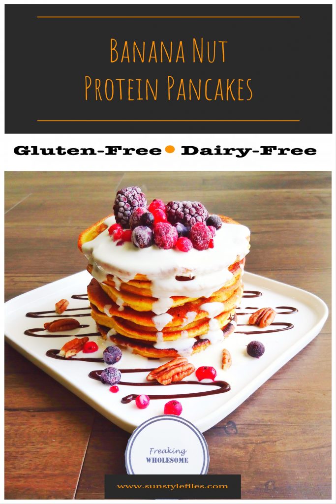Easy gluten free, dairy free Banana Nut Protein Pancakes recipe #glutenfree #dairyfree #rawfood #healthyfood #pancakes
