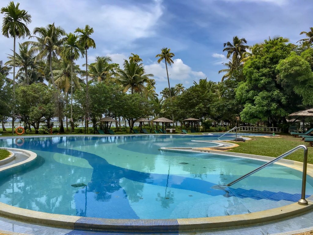 overview of the entire swimming pool at coconut lagoon surrounded by coconut trees