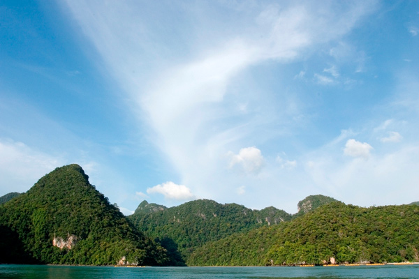 Island hopping in Langkawi, Malaysia, Pulau Dayang Bunting silhouette of pregnant maiden on hills