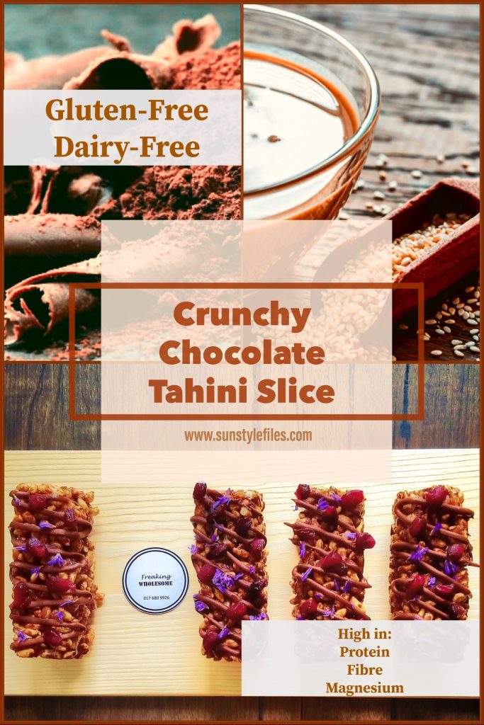 Crunchy Chocolate Tahini Slice recipe that is dairy-free and gluten-free - www.sunstylefiles.com #chocolateslice #rawdessert #healthydessert #fitnessfood #healthyrecipes #glutenfreedessert #dairyfreesnack #healthysnack