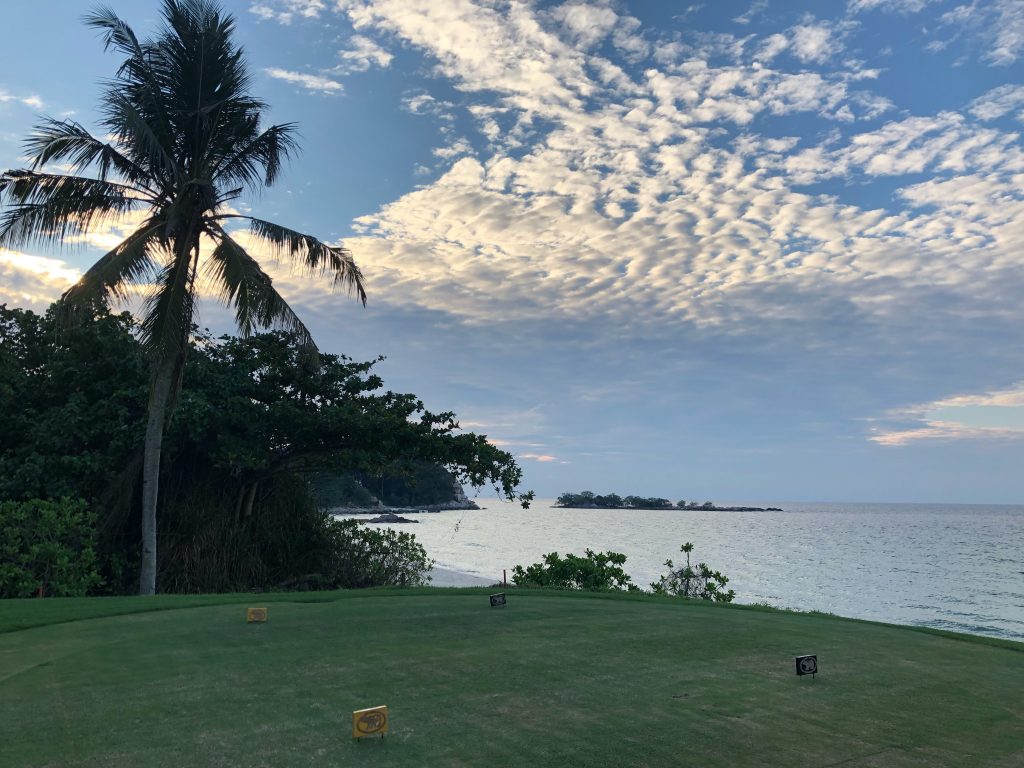 Jack Nicklaus sea view championship golf course signature hole at Bintan Lagoon 