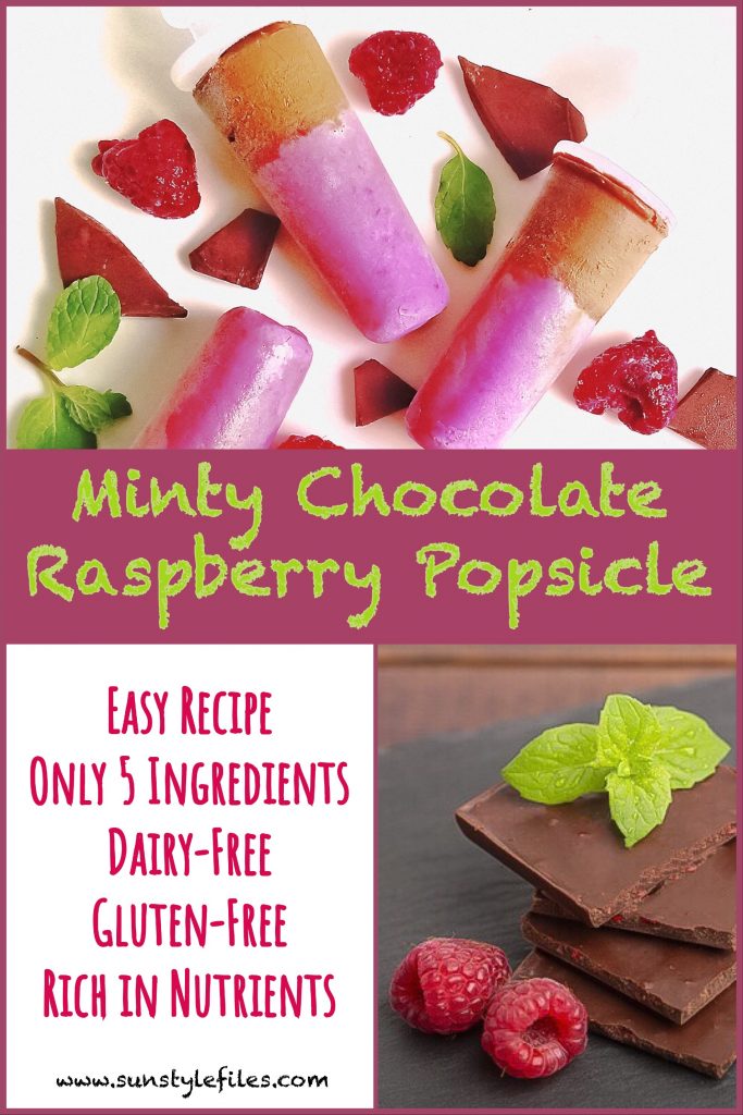 Cool down in summer with a refreshing Minty Chocolate Raspberry Popsicle using only fresh raspberries, mint leaves and dark chocolate - www.sunstylefiles.com #popsicle #healthytreat #healthydessert #icecream #dessertrecipe #icecreamrecipe #fitfood #glutenfree #dairyfreedessert #glutenfreedessert 