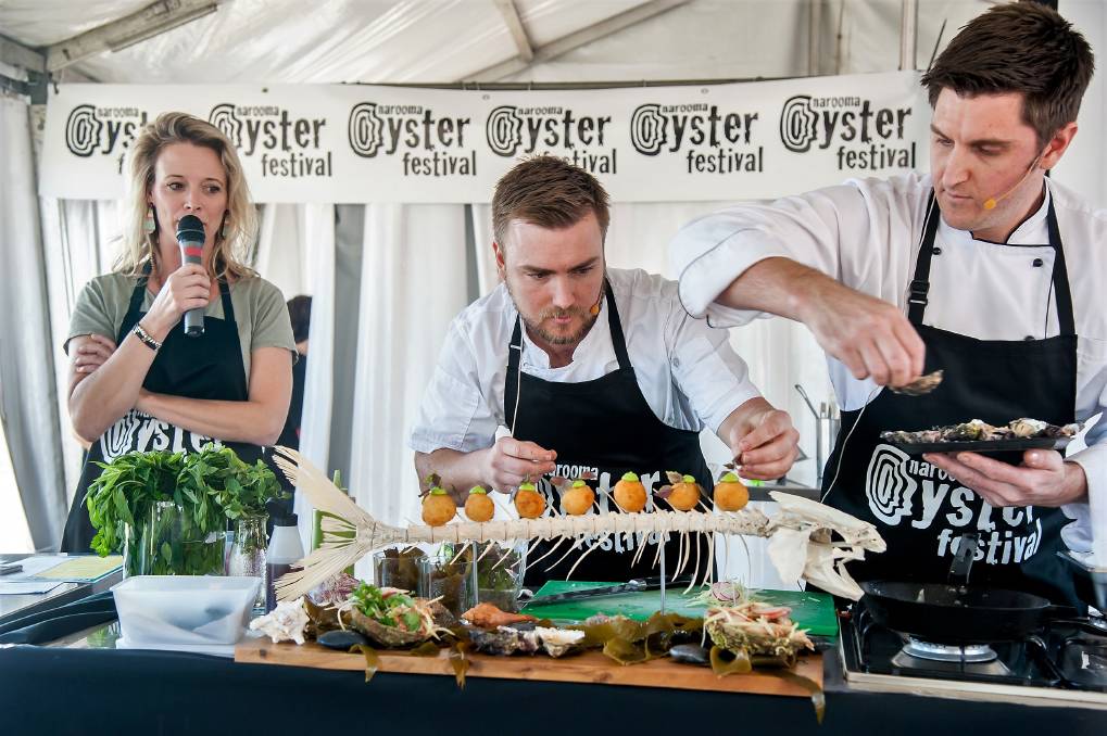 two chefs preparing gourmet dishes at the Narooma Oyster Festival