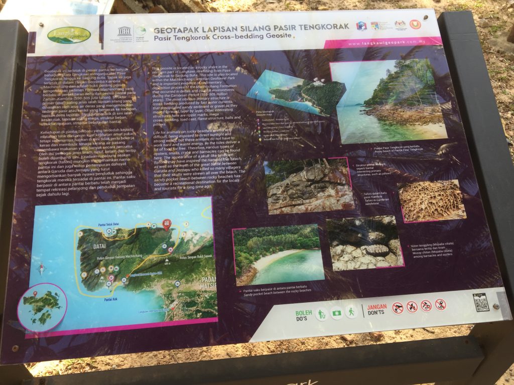 information board describing the history of pasir tengkorak beach langkawi geopark cross-bedding geosite