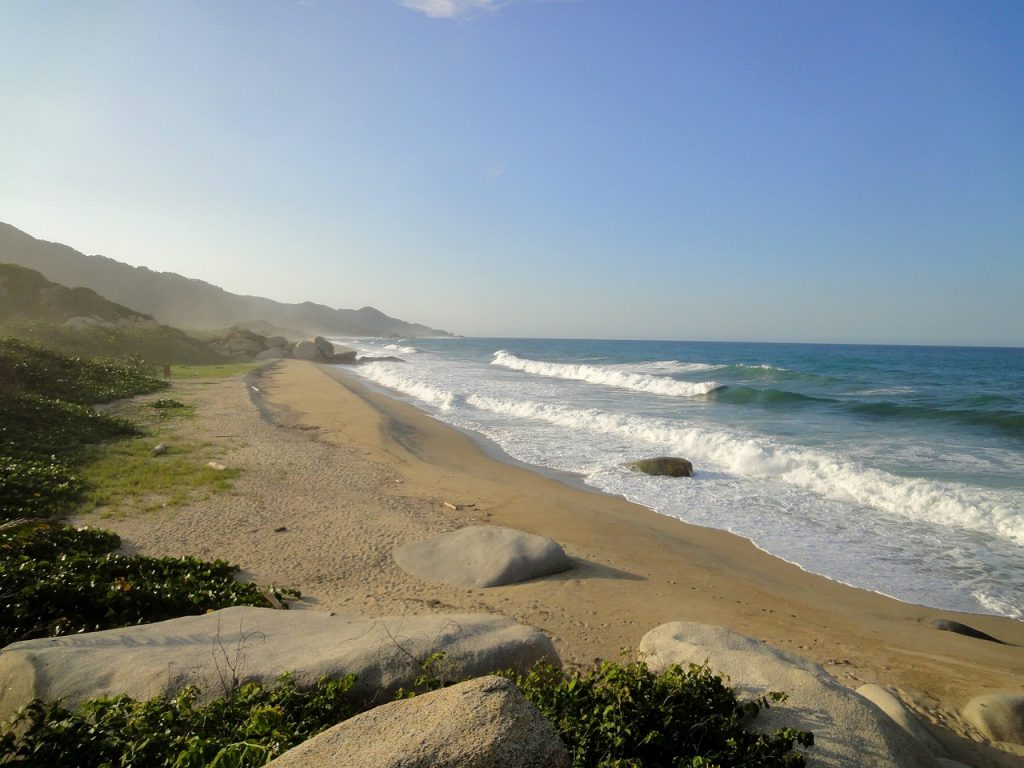deserted playa brava beach with golden sand and waves crashing in tayrona national park colombia