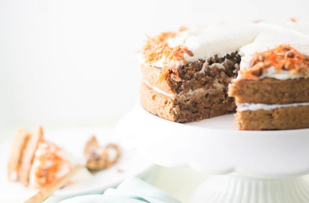 vegan tofu carrot cake slice with white frosting
