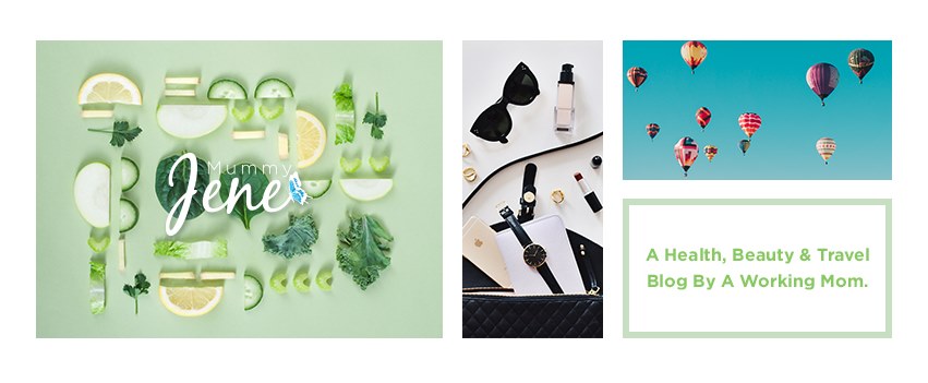 organic skincare items flatlay with fashion items and hot air balloons 