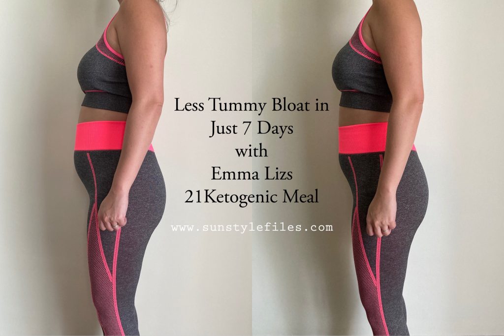 before and after of a woman with bloated tummy and lesser bloat after consuming ketogenic meal for 7 days