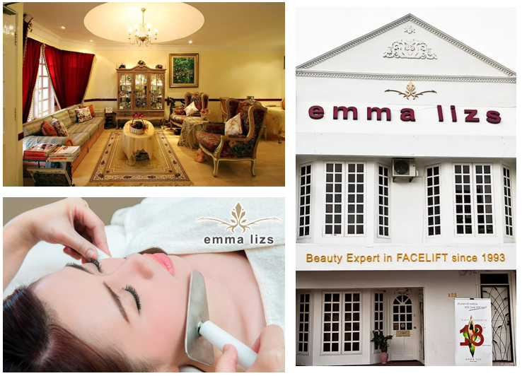 collage of emma lizs salon exterior facade and interior with anti aging facial lifting technique