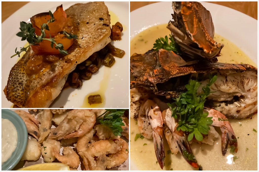 collage of grilled seafood platter, fried prawns and grilled seabass at the italian bistro hyatt