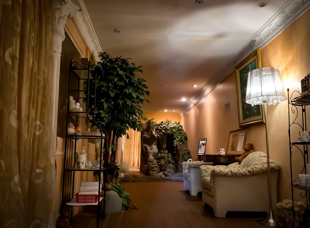 interior waiting area of beauty salon with sofa and indoor waterfall