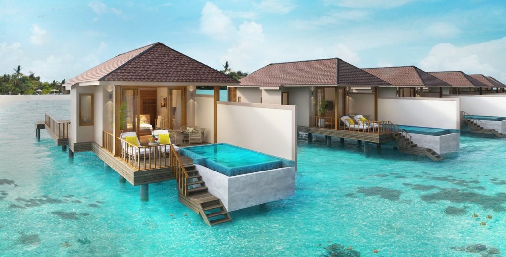 overwater villa with pool front view maldives brennia resort