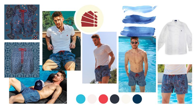blue colour palette perfect mens swim shorts collage