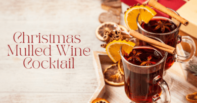Christmas mulled wine cocktail recipe banner with glassed of mulled wine